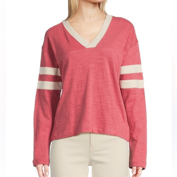 Faherty Tops - Faherty Long Sleeves V-neck top with white stripes sleeves In Red
